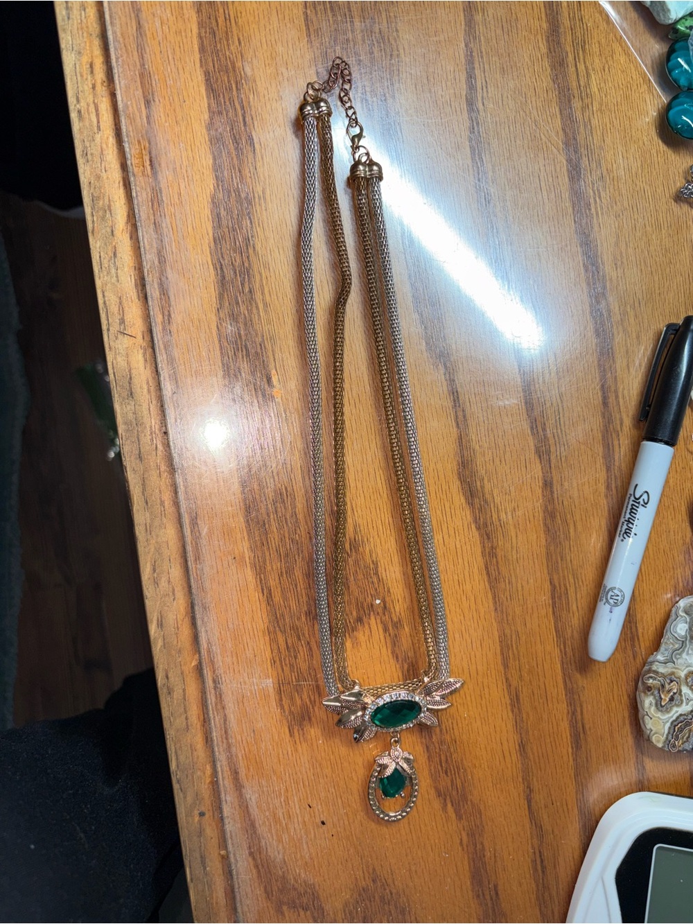Gold-Tone Necklace with Emerald Green Stones - Women Jewelry 11 1/4 inch